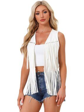 Women's White Faux Suede Fringe Top Vest Open Front Western Tassel Cardigan